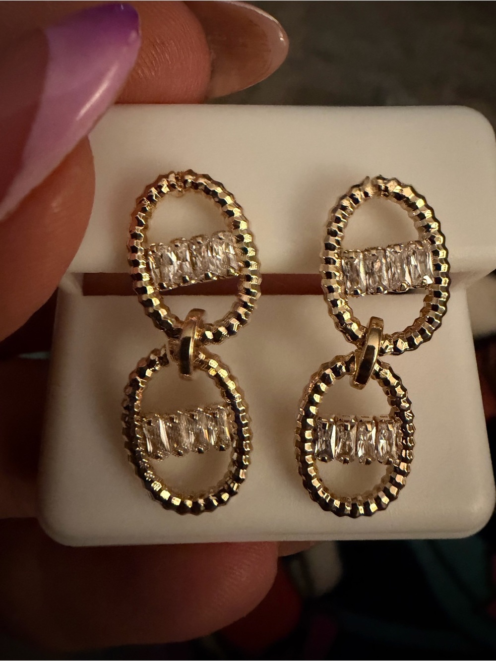 Gold Filled Double Oval Drop Earrings | AAA CZ Baguette Statement Earrings